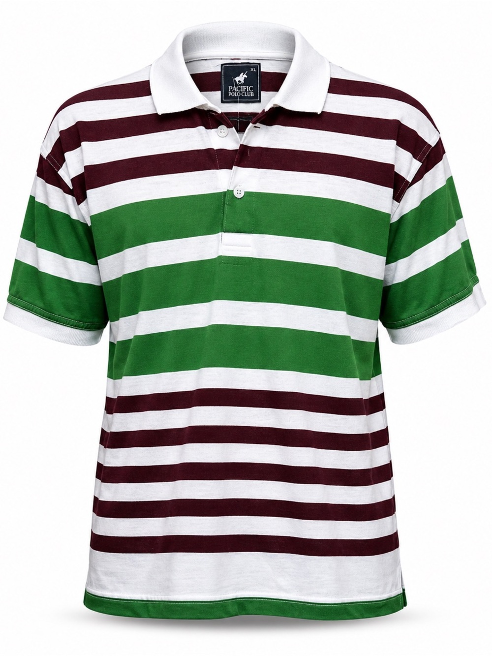 Pacific Polo Club Men’s XL Polo Shirt Striped Green Maroon White Cotton Blend